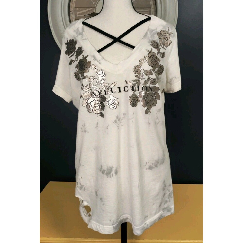 Black Label Affliction Women's T Shirt L Gold Roses Gray Tie Dye Grunge Biker